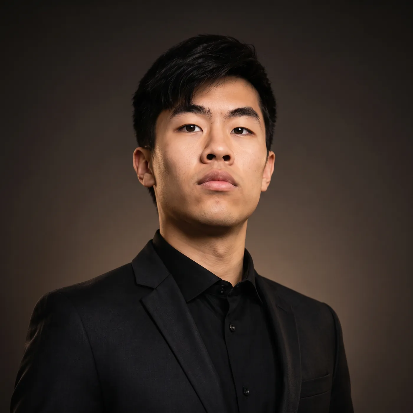 Evan Kwan, studio portrait in a black suit